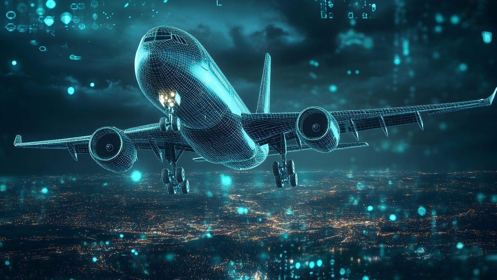 Flugzeug fliegt über Landkarte, auf der Fluhäfen als Punkte leuchten.